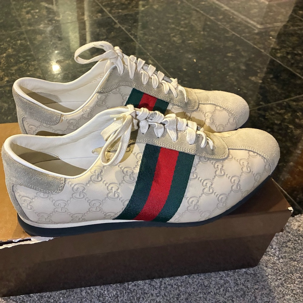 Gucci Cream and Red Sneakers with Signature Style